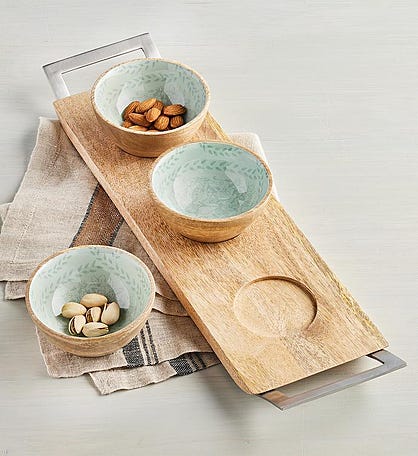 Wood and Enamel Bowls with Serving Tray